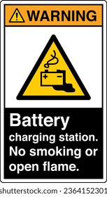 ANSI Z535 Safety Sign Marking Label Symbol Pictogram Standards Warning Battery charging station no smoking or open flame with text portrait black.