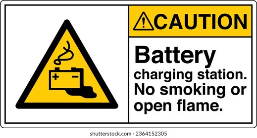 ANSI Z535 Safety Sign Marking Label Symbol Pictogram Standards Caution Battery charging station no smoking or open flame with text landscape white 02.