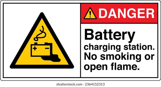 ANSI Z535 Safety Sign Marking Label Symbol Pictogram Standards Danger Battery charging station no smoking or open flame with text landscape white 02.