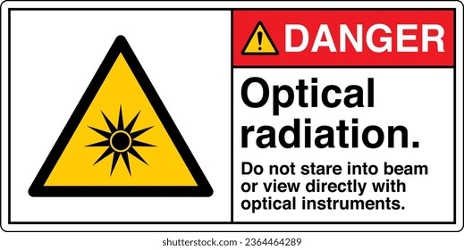 ANSI Z535 Sicherheitskennzeichnung Symbol Symbol Piktogramm-Standards gefährden optische Strahlung nicht direkt mit optischen Instrumenten mit weißer Textlandschaft 02 in die Beine oder in die Sicht.