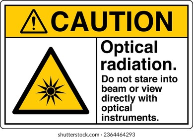 ANSI Z535 Sicherheitskennzeichnung Symbol Piktogramm-Standards Vorsicht bei der optischen Strahlung startet nicht direkt mit optischen Instrumenten mit weißer Textlandschaft.