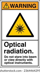 ANSI Z535 Safety Sign Marking Label Symbol Pictogram Standards Warning Optical Radiation Do Not Stare Into Beam Or View Directly With Optical Instruments with text portrait white.