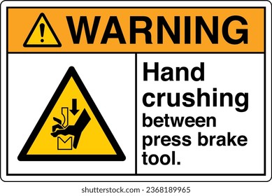 ANSI Z535 Safety Sign Marking Label Symbol Pictogram Standards Warning Hand crushing between press brake tool with text landscape white.