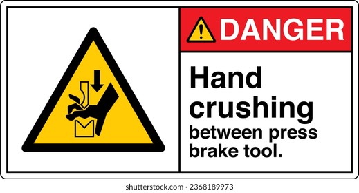 ANSI Z535 Safety Sign Marking Label Symbol Pictogram Standards Danger Hand crushing between press brake tool with text landscape white 02.