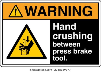 ANSI Z535 Safety Sign Marking Label Symbol Pictogram Standards Warning Hand crushing between press brake tool with text landscape black.