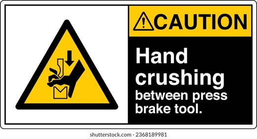 ANSI Z535 Safety Sign Marking Label Symbol Pictogram Standards Caution Hand crushing between press brake tool with text landscape black 02.