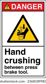 ANSI Z535 Safety Sign Marking Label Symbol Pictogram Standards Danger Hand crushing between press brake tool with text portrait white.