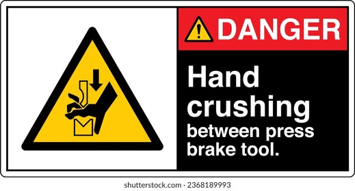 ANSI Z535 Safety Sign Marking Label Symbol Pictogram Standards Danger Hand crushing between press brake tool with text landscape black 02.