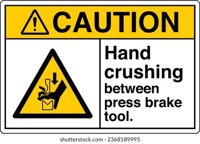 ANSI Z535 Safety Sign Marking Label Symbol Pictogram Standards Caution Hand crushing between press brake tool with text landscape white.