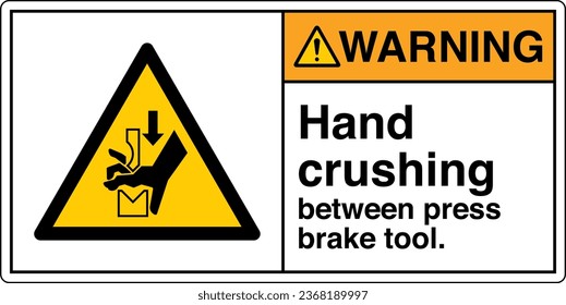 ANSI Z535 Safety Sign Marking Label Symbol Pictogram Standards Warning Hand crushing between press brake tool with text landscape white 02.
