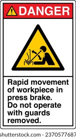 ANSI Z535 Safety Sign Marking Label Symbol Pictogram Standards Danger Rapid movement of workpiece in press brake Do not operate with guards removed with text portrait white.