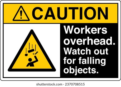 ANSI Z535 Safety Sign Marking Label Symbol Pictogram Standards Caution Workers overhead watch out for falling objects with text landscape black.