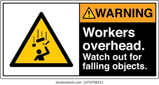 ANSI Z535 Safety Sign Marking Label Symbol Pictogram Standards Warning Workers overhead watch out for falling objects with text landscape black 02.