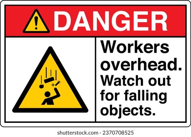 ANSI Z535 Safety Sign Marking Label Symbol Pictogram Standards Danger Workers overhead watch out for falling objects with text landscape white.
