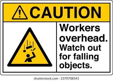 ANSI Z535 Safety Sign Marking Label Symbol Pictogram Standards Caution Workers overhead watch out for falling objects with text landscape white.