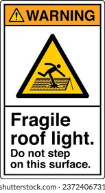 ANSI Z535 Safety Sign Marking Label Symbol Pictogram Standards Warning Fragile roof light do not step on this surface with text portrait white.