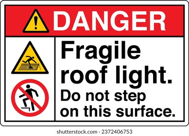 ANSI Z535 Safety Sign Marking Label Symbol Pictogram Standards Danger Fragile roof light do not step on this surface with text landscape multi icon white.