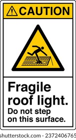 ANSI Z535 Safety Sign Marking Label Symbol Pictogram Standards Caution Fragile roof light do not step on this surface with text portrait white.