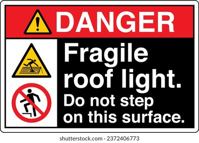 ANSI Z535 Safety Sign Marking Label Symbol Pictogram Standards Danger Fragile roof light do not step on this surface with text landscape multi icon black.