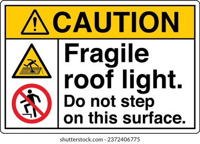 ANSI Z535 Safety Sign Marking Label Symbol Pictogram Standards Caution Fragile roof light do not step on this surface with text landscape multi icon white.