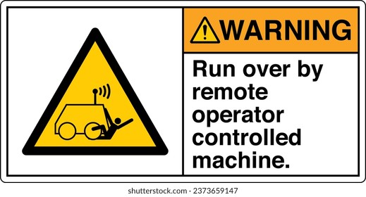 ANSI Z535 Safety Sign Marking Label Symbol Pictogram Standards Warning Run over by remote operator controlled machine with text landscape white 02.