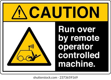 ANSI Z535 Safety Sign Marking Label Symbol Pictogram Standards Caution Run over by remote operator controlled machine with text landscape black.