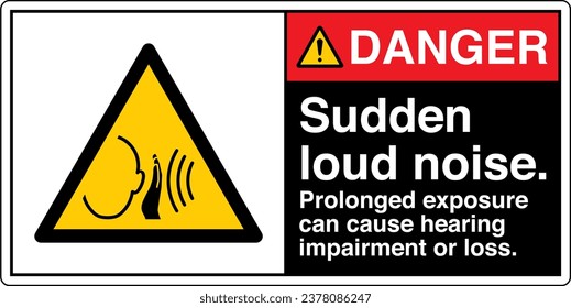 ANSI Z535 Safety Sign Marking Label Symbol Pictogram Standards Danger Sudden loud noise prolonged exposure can cause hearing impairment or loss with text landscape black 02