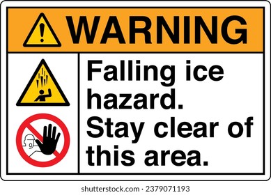 ANSI Z535 Safety Sign Marking Label Symbol Pictogram Standards Warning Falling ice hazard stay clear of this area with text landscape white