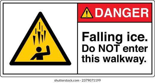 ANSI Z535 Safety Sign Marking Label Symbol Pictogram Standards Danger Falling ice Do NOT enter this walkway with text landscape white 02