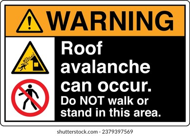 ANSI Z535 Safety Sign Marking Label Two Symbol Pictogram Standards Warning Roof avalanche can occur Do NOT walk or stand in this area with text landscape black