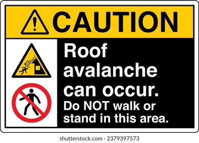 ANSI Z535 Safety Sign Marking Label Two Symbol Pictogram Standards Caution Roof avalanche can occur Do NOT walk or stand in this area with text landscape black