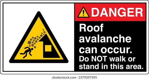 ANSI Z535 Safety Sign Marking Label Symbol Pictogram Standards Danger Roof avalanche can occur Do NOT walk or stand in this area with text landscape black 02