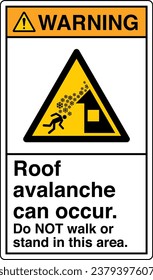 ANSI Z535 Safety Sign Marking Label Symbol Pictogram Standards Warning Roof avalanche can occur Do NOT walk or stand in this area with text portrait white