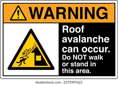 ANSI Z535 Safety Sign Marking Label Symbol Pictogram Standards Warning Roof avalanche can occur Do NOT walk or stand in this area with text landscape black