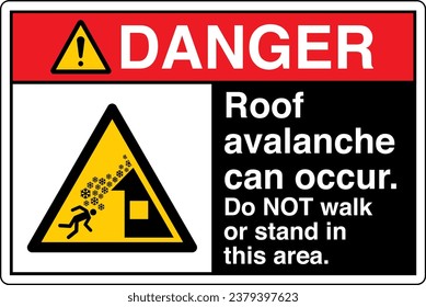 ANSI Z535 Safety Sign Marking Label Symbol Pictogram Standards Danger Roof avalanche can occur Do NOT walk or stand in this area with text landscape black