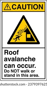 ANSI Z535 Safety Sign Marking Label Symbol Pictogram Standards Caution Roof avalanche can occur Do NOT walk or stand in this area with text portrait white