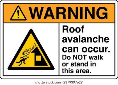 ANSI Z535 Safety Sign Marking Label Symbol Pictogram Standards Warning Roof avalanche can occur Do NOT walk or stand in this area with text landscape white