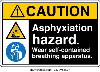 ANSI Z535 Safety Sign Marking Label Two Symbol Pictogram Standards Caution Asphyxiation hazard Wear self contained breathing apparatus text landscape black