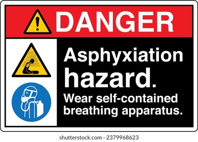 ANSI Z535 Safety Sign Marking Label Two Symbol Pictogram Standards Danger Asphyxiation hazard Wear self contained breathing apparatus text landscape black