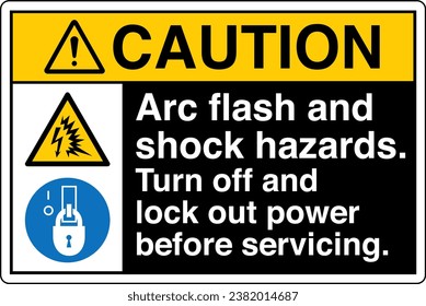 ANSI Z535 Safety Sign Marking Label Symbol Pictogram Standards Caution Arc flash and shock hazards Turn off and lock out power before servicing with text landscape black.