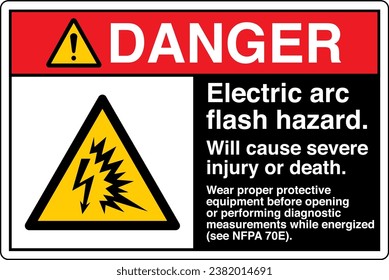 ANSI Z535 Safety Sign Marking Label Symbol Pictogram Standards Danger Electric arc flash hazard Will cause severe injury or death wear proper protective equipment with text landscape black.