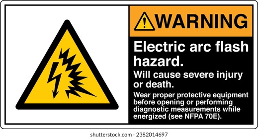 ANSI Z535 Safety Sign Marking Label Symbol Pictogram Standards Warning Electric arc flash hazard Will cause severe injury or death wear proper protective equipment with text landscape black 02.