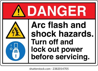 ANSI Z535 Safety Sign Marking Label Symbol Pictogram Standards Danger Arc flash and shock hazards Turn off and lock out power before servicing with text landscape white.