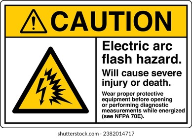 ANSI Z535 Safety Sign Marking Label Symbol Pictogram Standards Caution Electric arc flash hazard Will cause severe injury or death wear proper protective equipment with text landscape white.