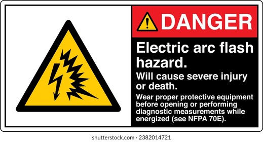 ANSI Z535 Safety Sign Marking Label Symbol Pictogram Standards Danger Electric arc flash hazard Will cause severe injury or death wear proper protective equipment with text landscape black 02.