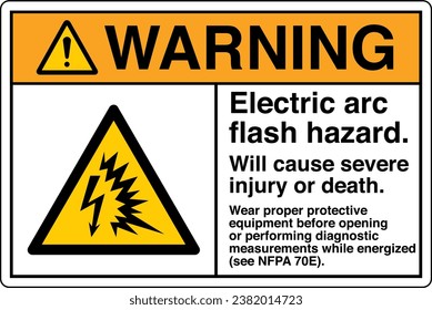 ANSI Z535 Safety Sign Marking Label Symbol Pictogram Standards Warning Electric arc flash hazard Will cause severe injury or death wear proper protective equipment with text landscape white.