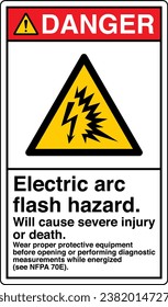 ANSI Z535 Safety Sign Marking Label Symbol Pictogram Standards Danger Electric arc flash hazard Will cause severe injury or death wear proper protective equipment with text portrait white.