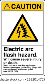 ANSI Z535 Safety Sign Marking Label Symbol Pictogram Standards Caution Electric arc flash hazard Will cause severe injury or death wear proper protective equipment with text portrait white.