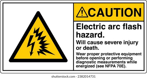 ANSI Z535 Safety Sign Marking Label Symbol Pictogram Standards Caution Electric arc flash hazard Will cause severe injury or death wear proper protective equipment with text landscape white 02.