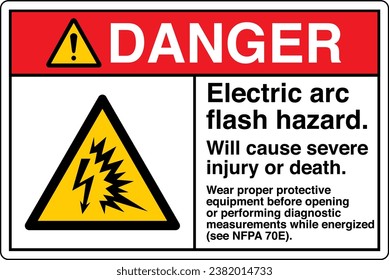 ANSI Z535 Safety Sign Marking Label Symbol Pictogram Standards Danger Electric arc flash hazard Will cause severe injury or death wear proper protective equipment with text landscape white.